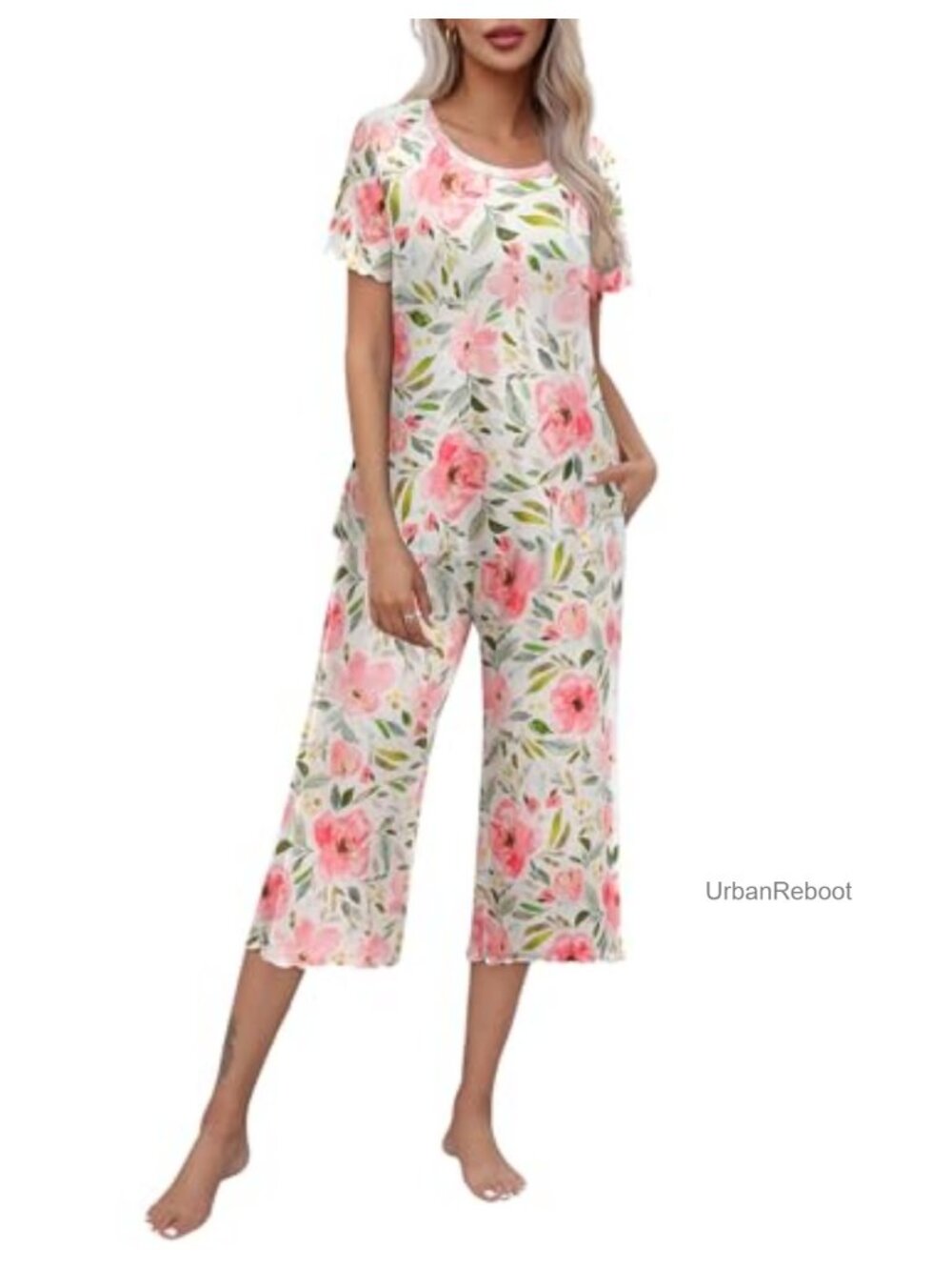 Women's Pajama Set Short Sleeve Top & Capri Pant 2 Piece Sleepwear Loose Fit